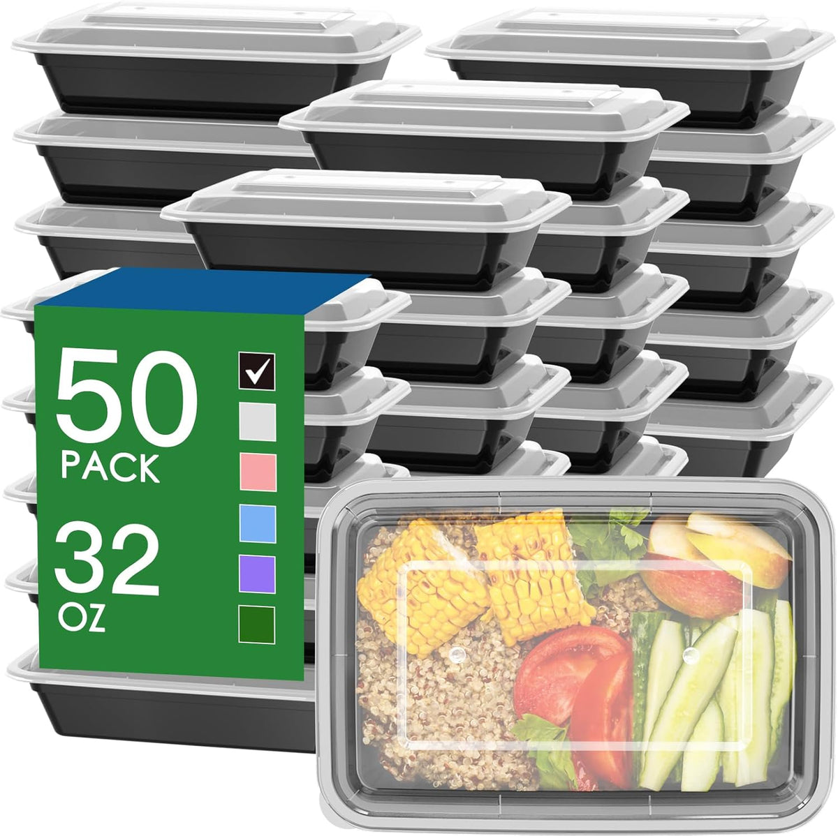 50 Pack (100-Piece) 32 oz Meal Prep Containers Reusable with Easy Open Lids